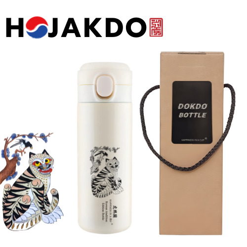 한국전통 까치와호랑이 호작도 파우더 스텐 머그컵 380ml 샤이닝 글라스 선물세트