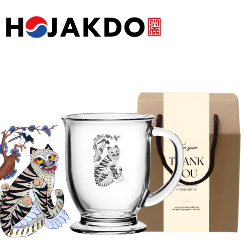 한국전통 까치와호랑이 호작도 글라스 머그컵 440ml