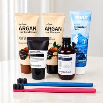 과일나라 샴푸+컨디셔너+나드 클렌징폼+바디워시+2080 크리스탈솔트 치약 120g+AR초극세모 칫솔 2입+여행용파우치