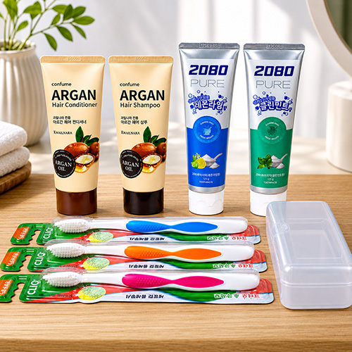 과일나라 아르간 샴푸+컨디셔너+2080  퓨어치약120g  2개+아르볼 초극세모 칫솔 3매입 +휴대용케이스