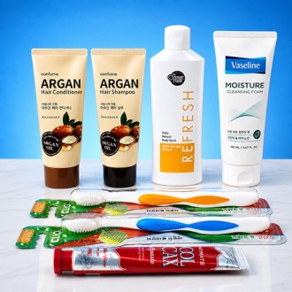 애경 바디워시+바세린 클렌빙폼+과일나라 샴푸+컨디셔너+아르볼 초극세모 칫솔 2개+ 쿨맥스민트 치약